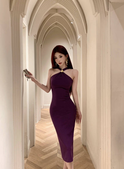 Unique Purple Bodycon Gold Clasp Detail Midi Dress Glamorous Romantic Dates Slit Hem Cinched-Waist Halter Long Dress AP1793
