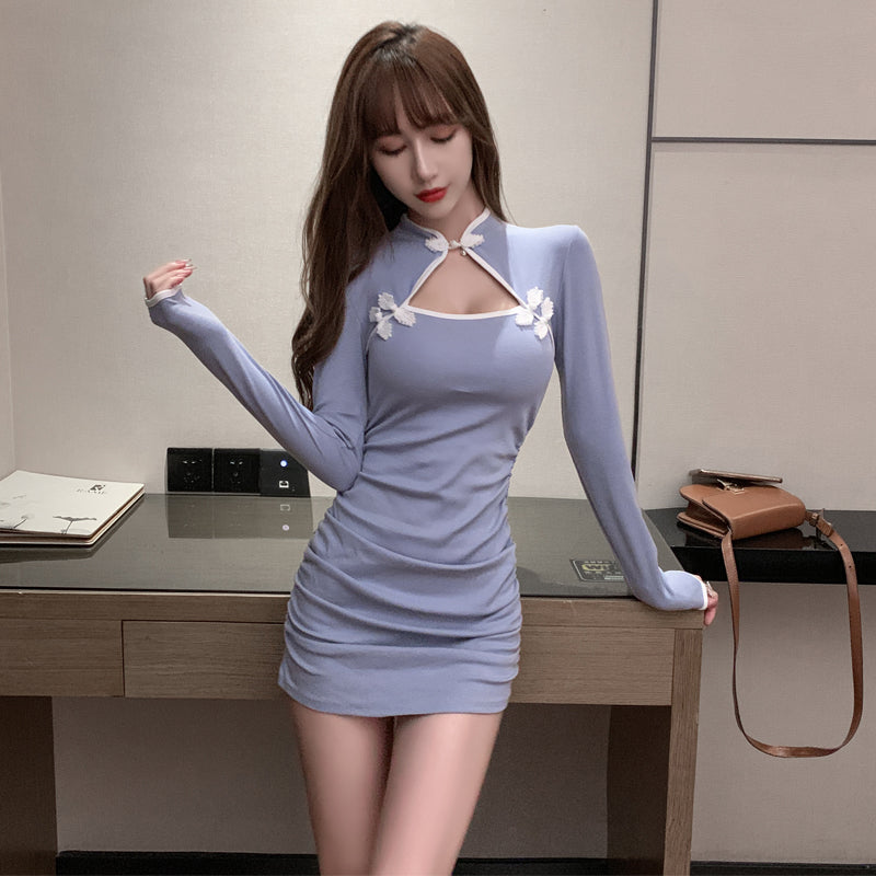 Modern Light Blue Long Sleeve Ruched Mini Skirt Everyday Wear Flower Accents Mandarin Collar Cutout Short Dress AP1794