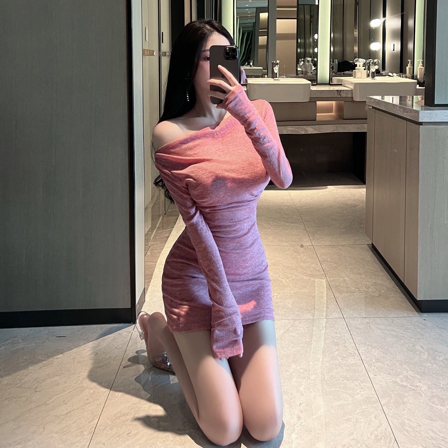 Novelty Ruched Bodycon Dates & Nights Asymmetric Neckline Mini Skirt Vogue Soft Pink Long Sleeve Short Dress AP1796