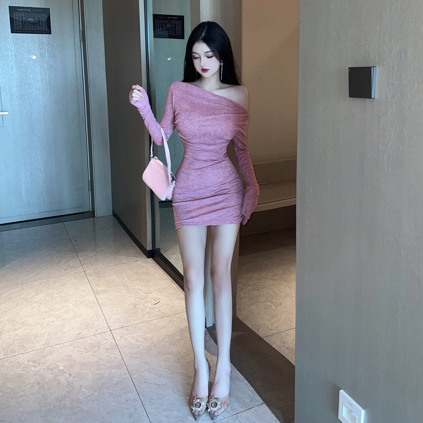 Novelty Ruched Bodycon Dates & Nights Asymmetric Neckline Mini Skirt Vogue Soft Pink Long Sleeve Short Dress AP1796