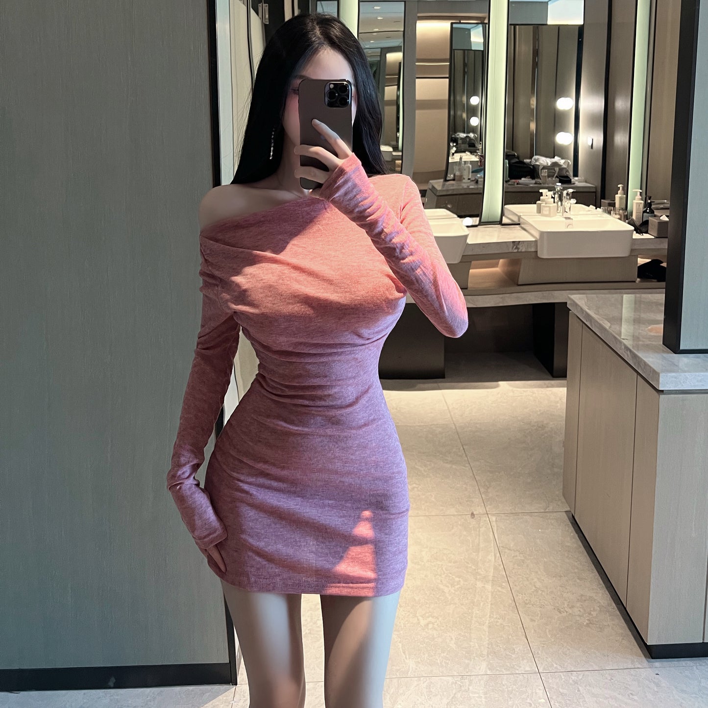 Novelty Ruched Bodycon Dates & Nights Asymmetric Neckline Mini Skirt Vogue Soft Pink Long Sleeve Short Dress AP1796