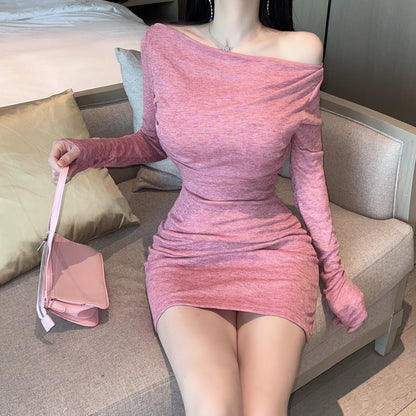 Novelty Ruched Bodycon Dates & Nights Asymmetric Neckline Mini Skirt Vogue Soft Pink Long Sleeve Short Dress AP1796