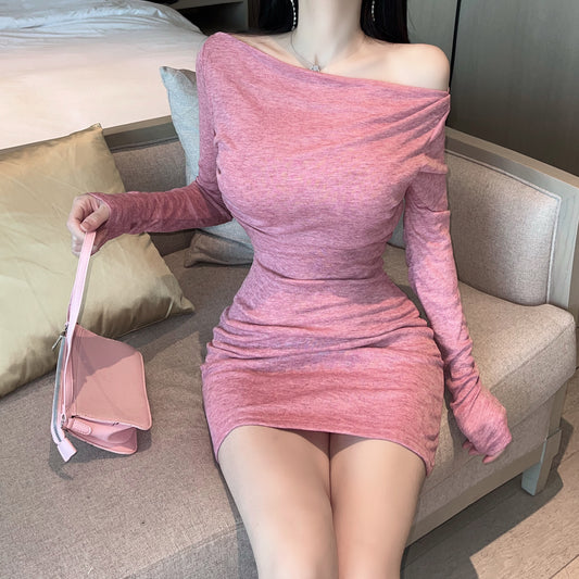 Novelty Ruched Bodycon Dates & Nights Asymmetric Neckline Mini Skirt Vogue Soft Pink Long Sleeve Short Dress AP1796