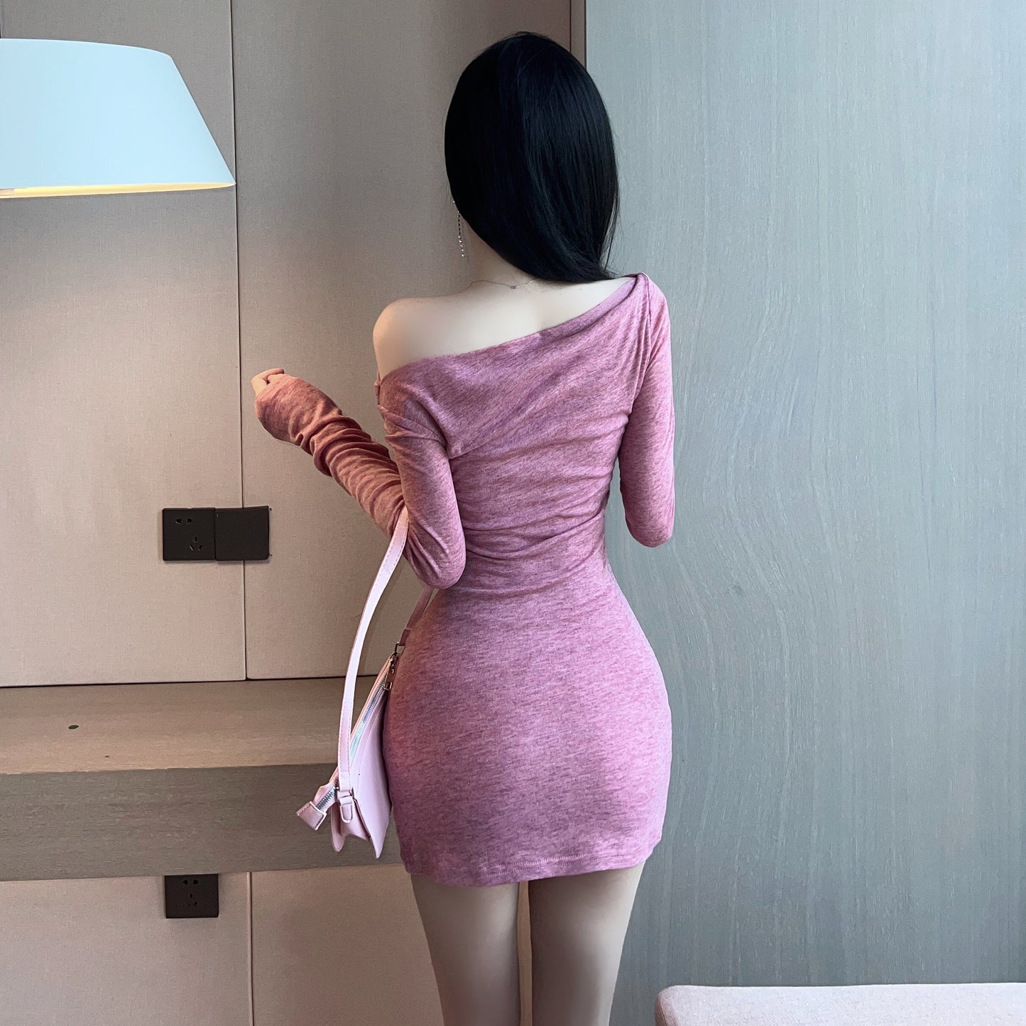 Novelty Ruched Bodycon Dates & Nights Asymmetric Neckline Mini Skirt Vogue Soft Pink Long Sleeve Short Dress AP1796