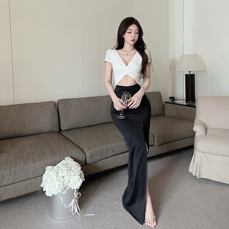 Sexy Twist-Front Two-Piece Set White & Black Maxi Dress Luxury Events High-Slit Crop Top Sheath Long Dress AP1797