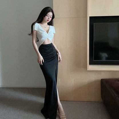 Sexy Twist-Front Two-Piece Set White & Black Maxi Dress Luxury Events High-Slit Crop Top Sheath Long Dress AP1797