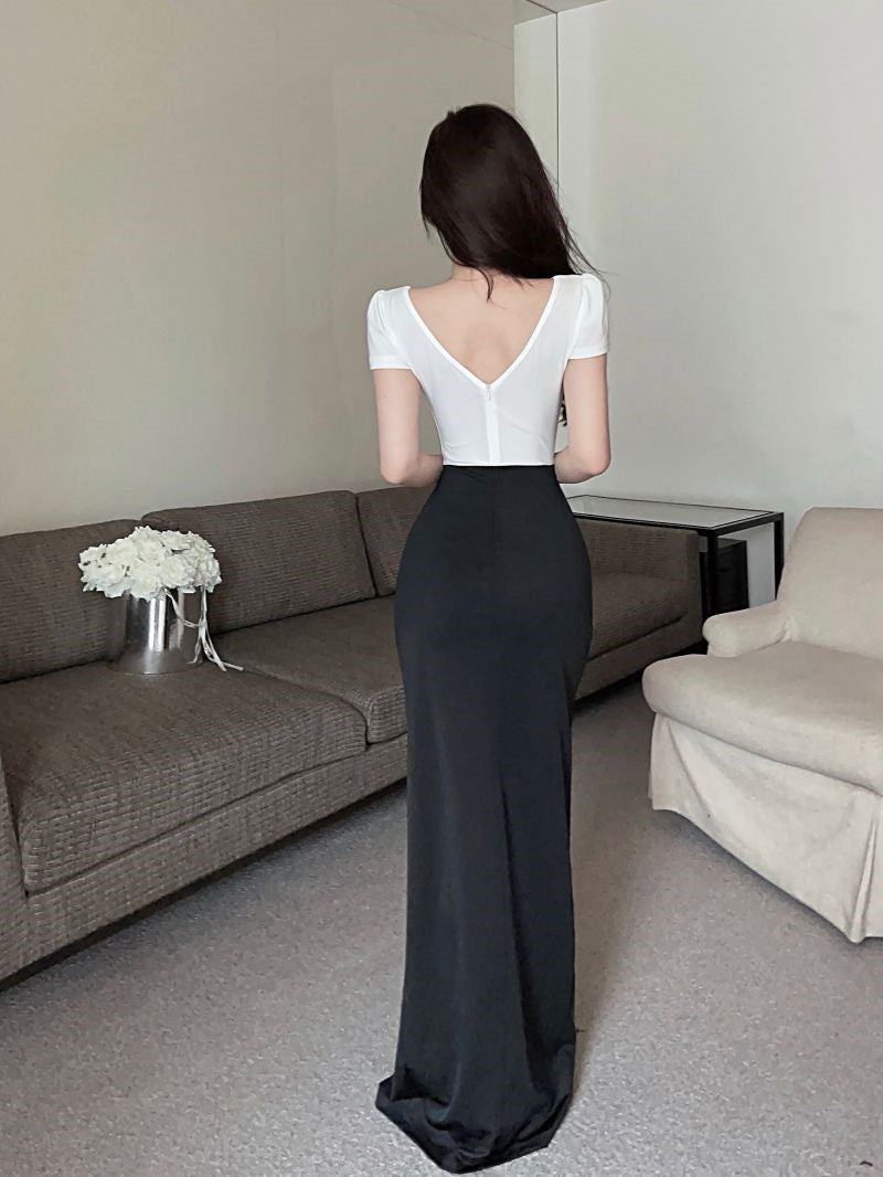 Sexy Twist-Front Two-Piece Set White & Black Maxi Dress Luxury Events High-Slit Crop Top Sheath Long Dress AP1797