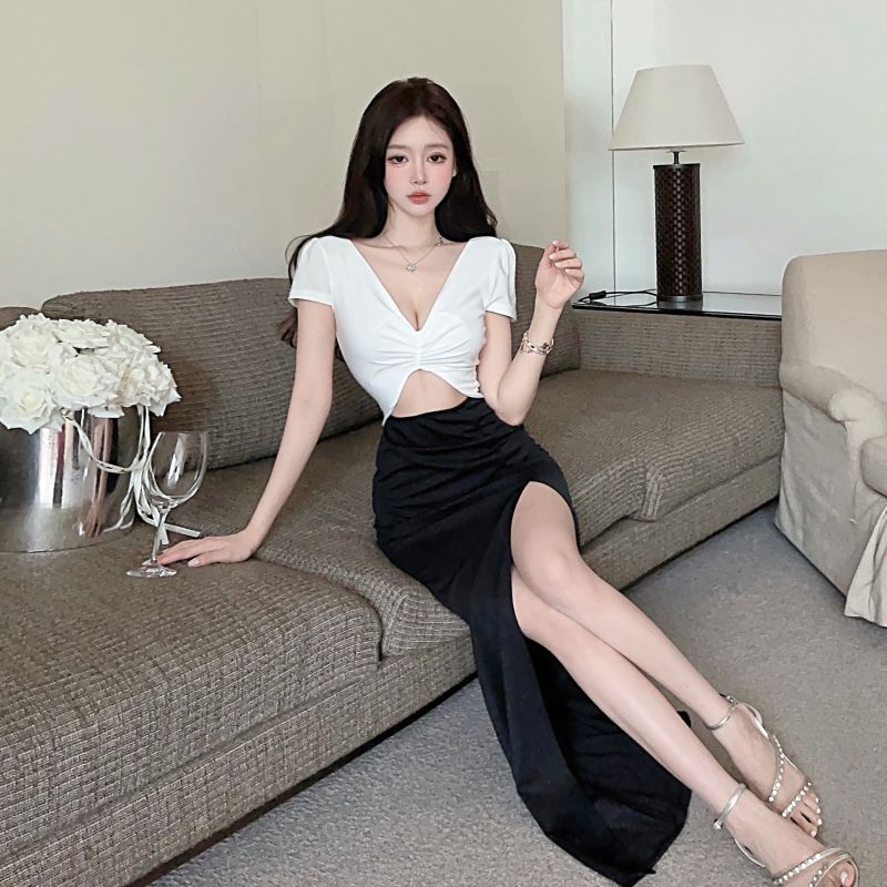 Sexy Twist-Front Two-Piece Set White & Black Maxi Dress Luxury Events High-Slit Crop Top Sheath Long Dress AP1797