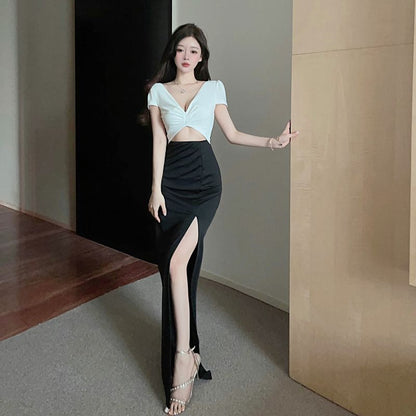 Sexy Twist-Front Two-Piece Set White & Black Maxi Dress Luxury Events High-Slit Crop Top Sheath Long Dress AP1797