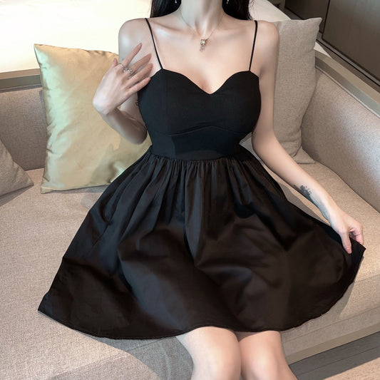 Cute Girls Cinched-Waist Black Mini Skirt Hot Girls LBD Nightclubs Ruched Hem Spaghetti Strap Short Dress AP1798
