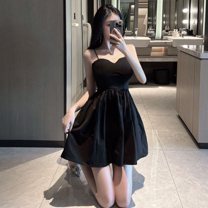 Cute Girls Cinched-Waist Black Mini Skirt Hot Girls LBD Nightclubs Ruched Hem Spaghetti Strap Short Dress AP1798