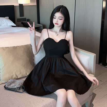 Cute Girls Cinched-Waist Black Mini Skirt Hot Girls LBD Nightclubs Ruched Hem Spaghetti Strap Short Dress AP1798