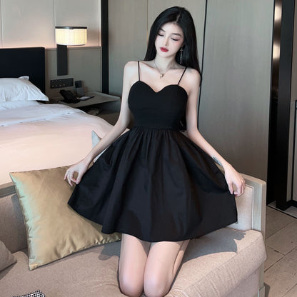 Cute Girls Cinched-Waist Black Mini Skirt Hot Girls LBD Nightclubs Ruched Hem Spaghetti Strap Short Dress AP1798