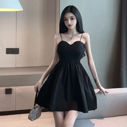 Cute Girls Cinched-Waist Black Mini Skirt Hot Girls LBD Nightclubs Ruched Hem Spaghetti Strap Short Dress AP1798