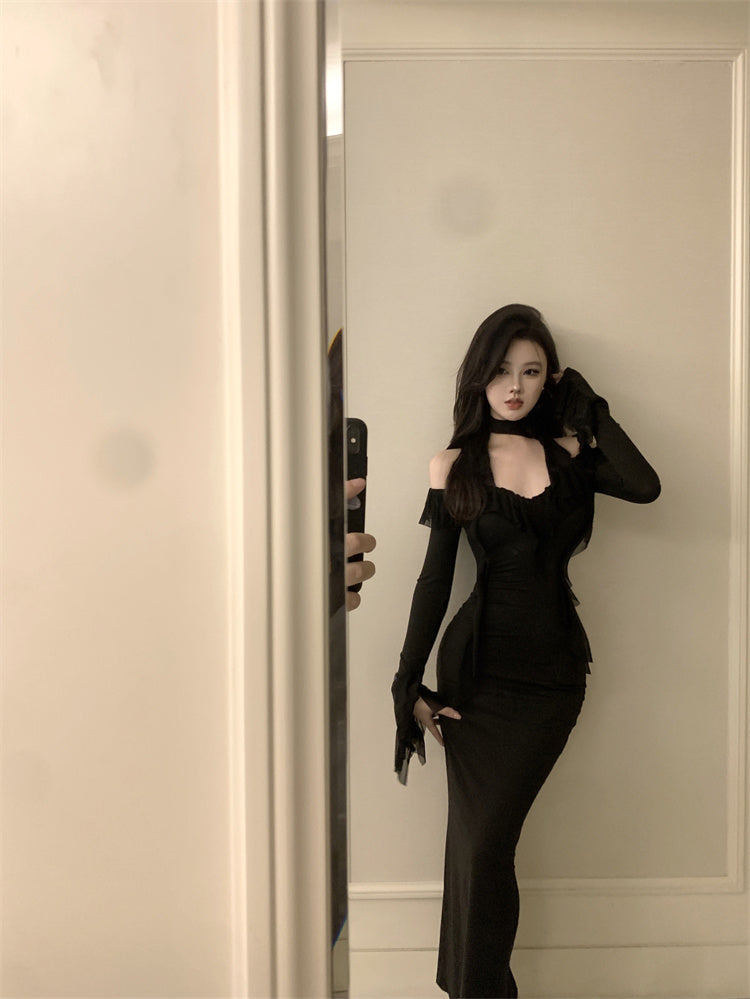 Graceful Black Bodycon Sheer Mesh Trimmed Off-Shoulder Maxi Dress Sexy Cutout Neckline Evening Parties Ruffles Neckline Long Dress AP1799