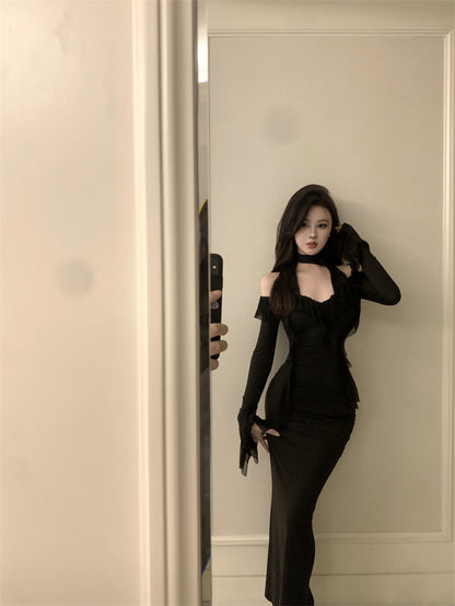 Graceful Black Bodycon Sheer Mesh Trimmed Off-Shoulder Maxi Dress Sexy Cutout Neckline Evening Parties Ruffles Neckline Long Dress AP1799