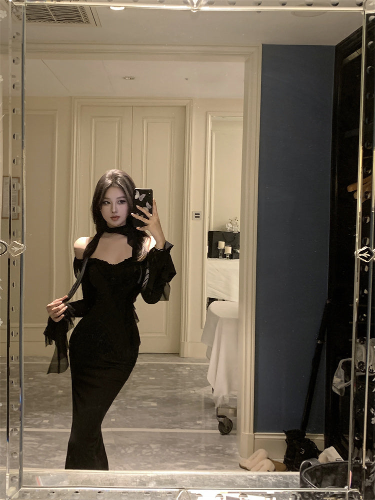 Graceful Black Bodycon Sheer Mesh Trimmed Off-Shoulder Maxi Dress Sexy Cutout Neckline Evening Parties Ruffles Neckline Long Dress AP1799