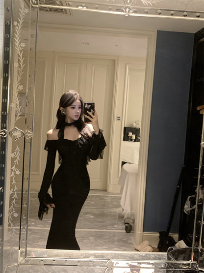 Graceful Black Bodycon Sheer Mesh Trimmed Off-Shoulder Maxi Dress Sexy Cutout Neckline Evening Parties Ruffles Neckline Long Dress AP1799