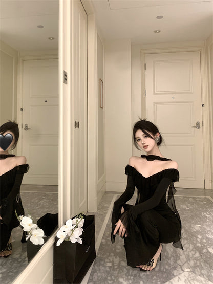 Graceful Black Bodycon Sheer Mesh Trimmed Off-Shoulder Maxi Dress Sexy Cutout Neckline Evening Parties Ruffles Neckline Long Dress AP1799