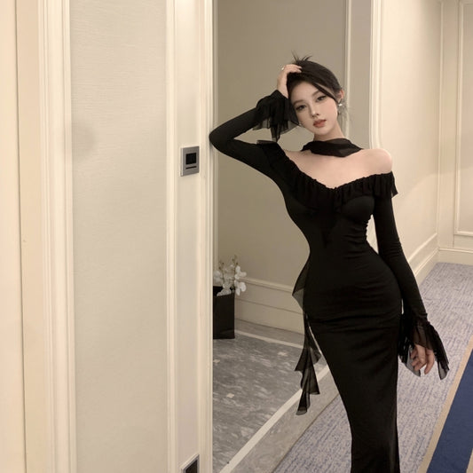 Graceful Black Bodycon Sheer Mesh Trimmed Off-Shoulder Maxi Dress Sexy Cutout Neckline Evening Parties Ruffles Neckline Long Dress AP1799
