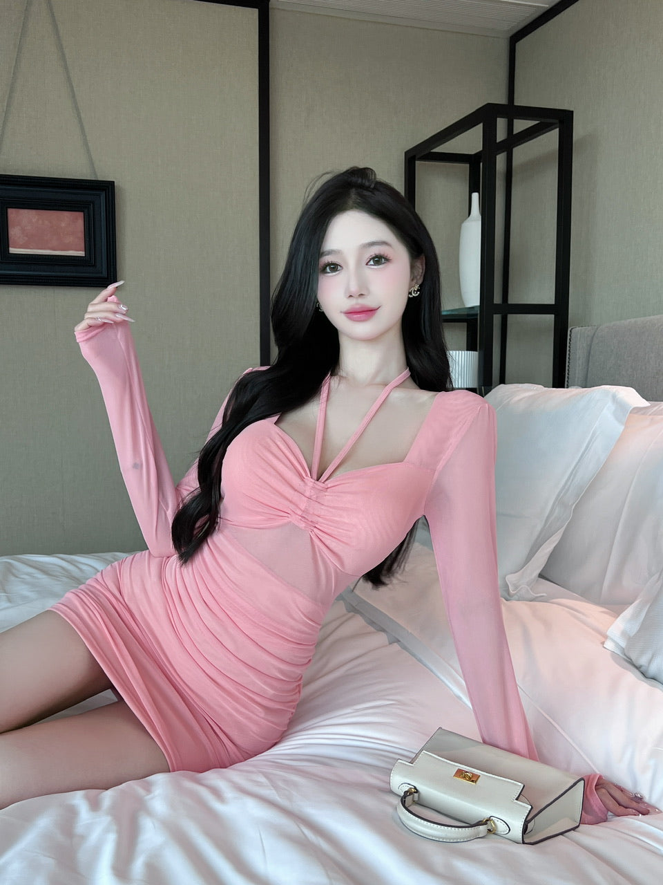 Charming Sheer Mesh Long Sleeve Ruched Mini Skirt Fashionable Pink Sheath Everyday Wear Parties Outfit Short Dress AP1800