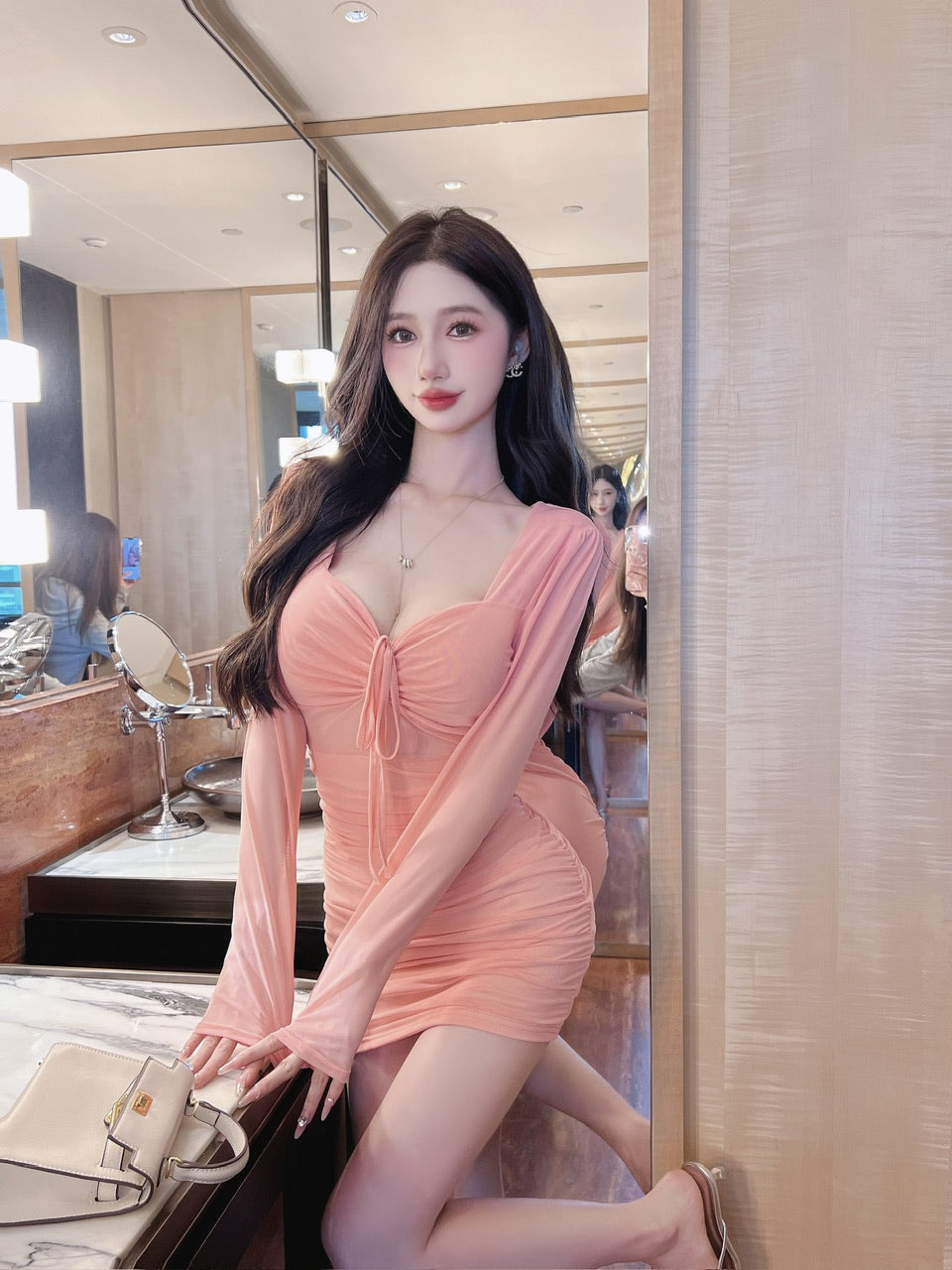 Charming Sheer Mesh Long Sleeve Ruched Mini Skirt Fashionable Pink Sheath Everyday Wear Parties Outfit Short Dress AP1800