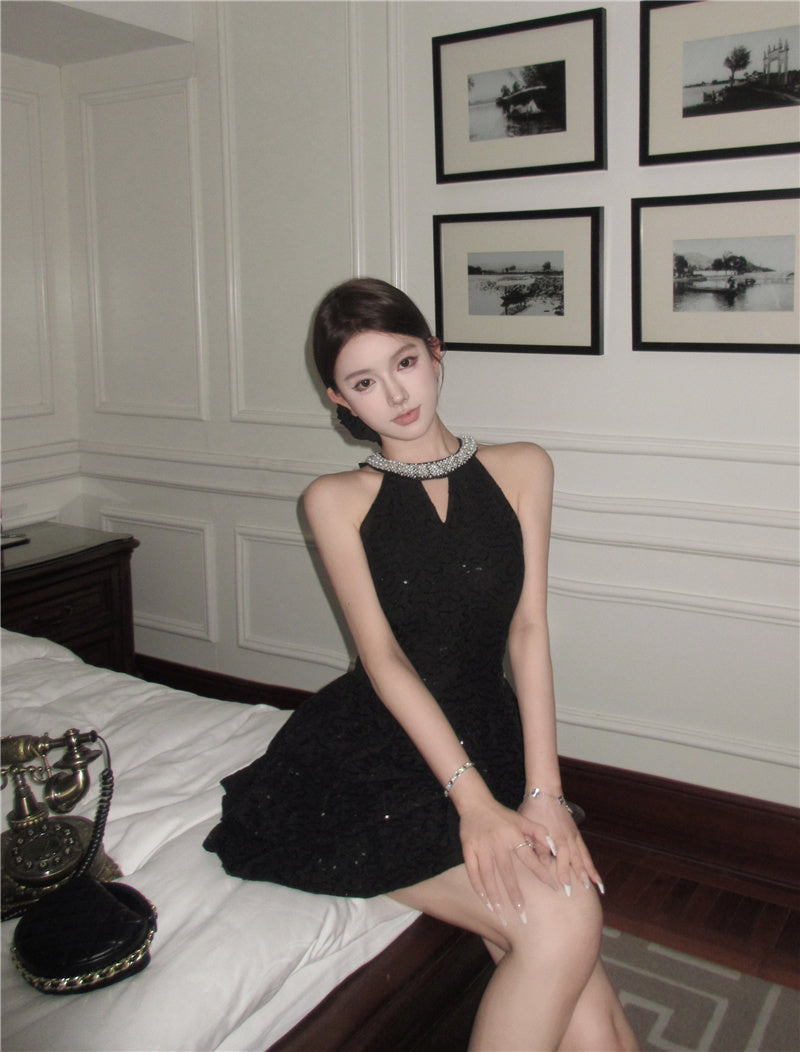 Charming Rhinestone-Collar Black Sequin Mini Skirt Unique Night Outs Tiered Hem Cutout Halter Short Dress AP1801