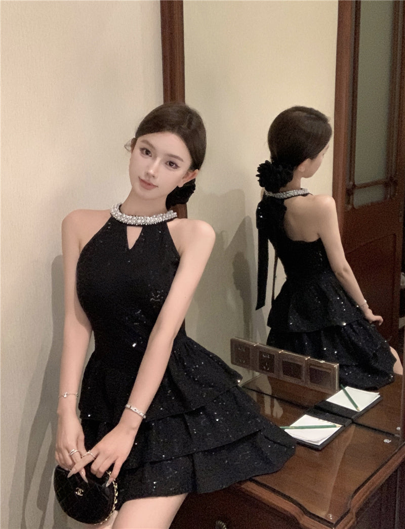 Charming Rhinestone-Collar Black Sequin Mini Skirt Unique Night Outs Tiered Hem Cutout Halter Short Dress AP1801