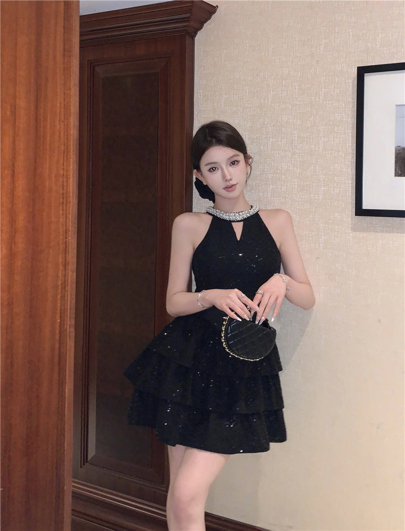 Charming Rhinestone-Collar Black Sequin Mini Skirt Unique Night Outs Tiered Hem Cutout Halter Short Dress AP1801