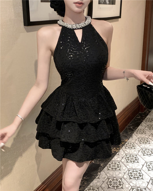 Charming Rhinestone-Collar Black Sequin Mini Skirt Unique Night Outs Tiered Hem Cutout Halter Short Dress AP1801