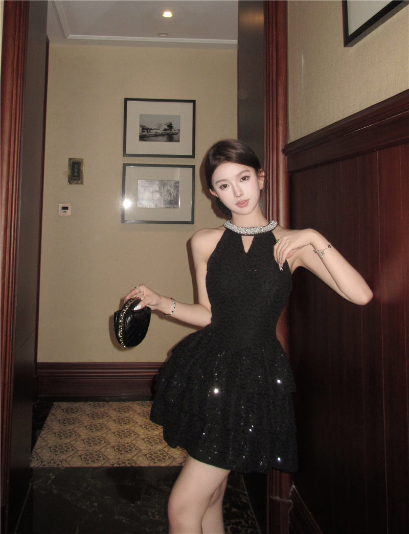 Charming Rhinestone-Collar Black Sequin Mini Skirt Unique Night Outs Tiered Hem Cutout Halter Short Dress AP1801