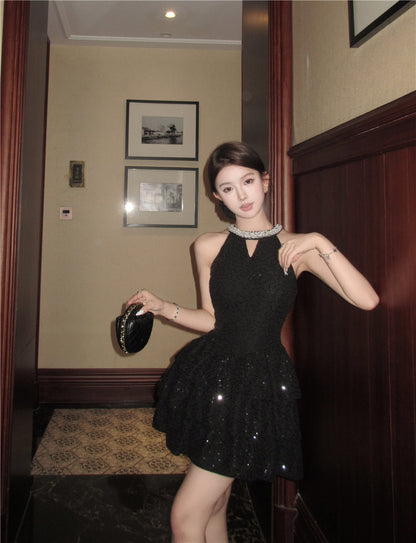 Charming Rhinestone-Collar Black Sequin Mini Skirt Unique Night Outs Tiered Hem Cutout Halter Short Dress AP1801