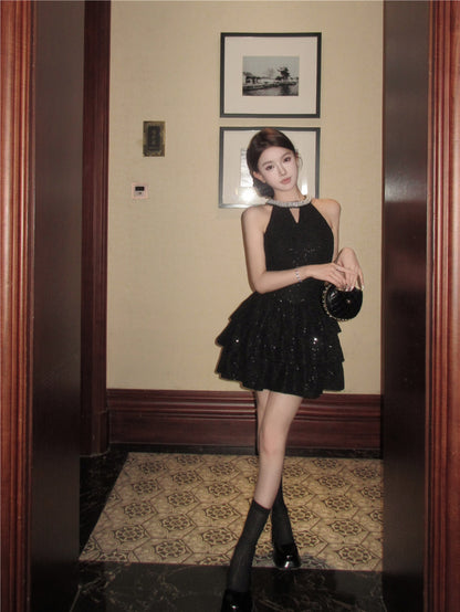 Charming Rhinestone-Collar Black Sequin Mini Skirt Unique Night Outs Tiered Hem Cutout Halter Short Dress AP1801