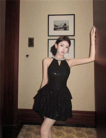 Charming Rhinestone-Collar Black Sequin Mini Skirt Unique Night Outs Tiered Hem Cutout Halter Short Dress AP1801