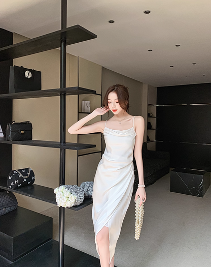 Classical White Satin Cowl Neck Drape Detail Midi Dress Retro Side Slit Spaghetti Strap Asymmetric Hem Long Dress AP1802