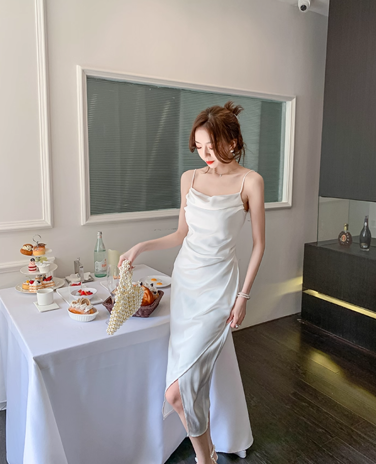 Classical White Satin Cowl Neck Drape Detail Midi Dress Retro Side Slit Spaghetti Strap Asymmetric Hem Long Dress AP1802
