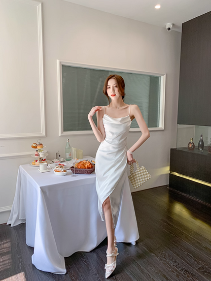 Classical White Satin Cowl Neck Drape Detail Midi Dress Retro Side Slit Spaghetti Strap Asymmetric Hem Long Dress AP1802