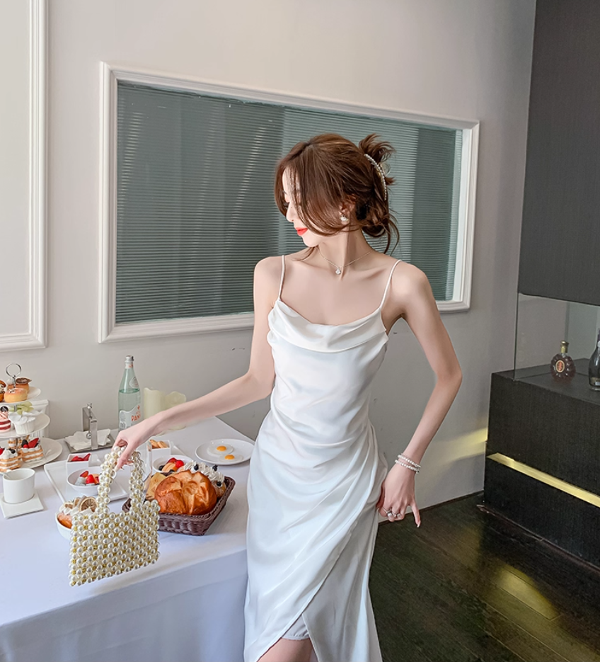 Classical White Satin Cowl Neck Drape Detail Midi Dress Retro Side Slit Spaghetti Strap Asymmetric Hem Long Dress AP1802