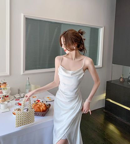 Classical White Satin Cowl Neck Drape Detail Midi Dress Retro Side Slit Spaghetti Strap Asymmetric Hem Long Dress AP1802