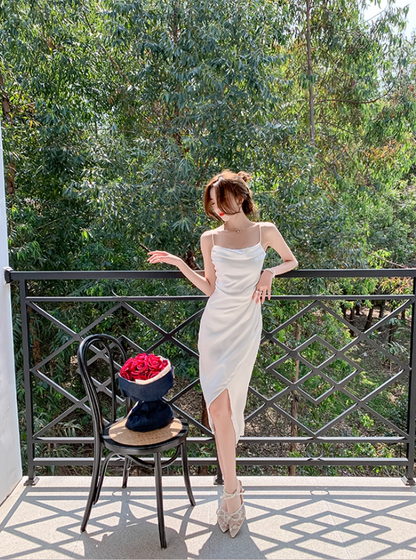 Classical White Satin Cowl Neck Drape Detail Midi Dress Retro Side Slit Spaghetti Strap Asymmetric Hem Long Dress AP1802