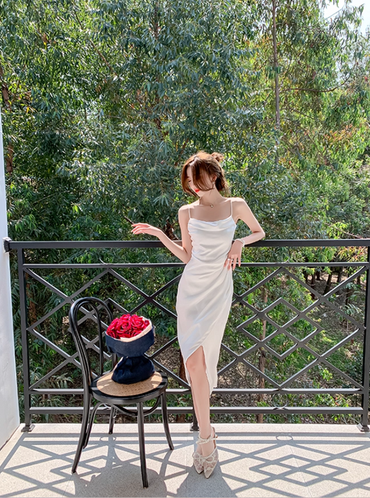 Classical White Satin Cowl Neck Drape Detail Midi Dress Retro Side Slit Spaghetti Strap Asymmetric Hem Long Dress AP1802