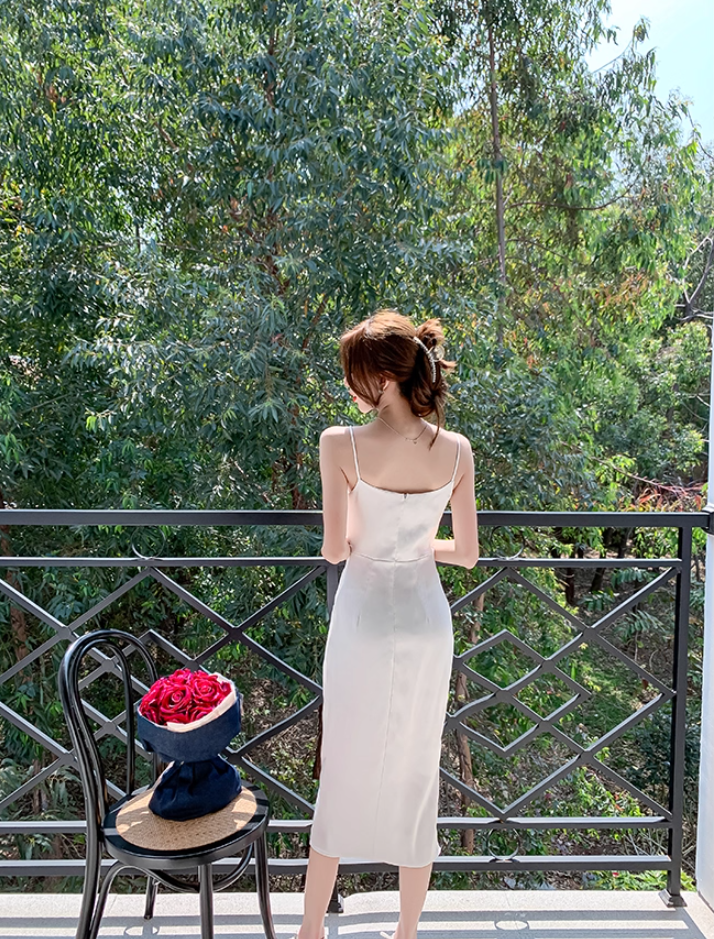 Classical White Satin Cowl Neck Drape Detail Midi Dress Retro Side Slit Spaghetti Strap Asymmetric Hem Long Dress AP1802