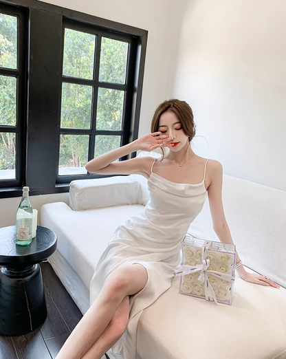 Classical White Satin Cowl Neck Drape Detail Midi Dress Retro Side Slit Spaghetti Strap Asymmetric Hem Long Dress AP1802