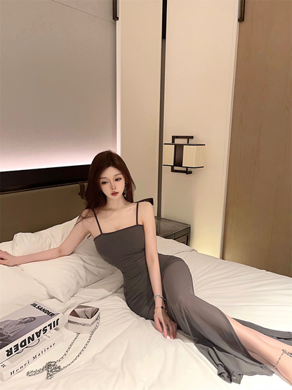 Elegant Gray Sheer Mesh Spaghetti Straps Maxi Dress Glamorous Ruched Bodycon Double Layers Long Dress AP1803