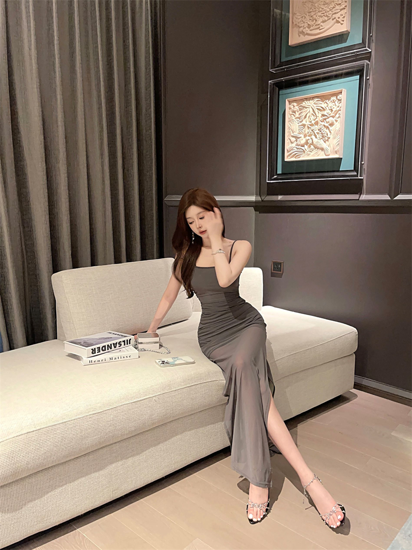 Elegant Gray Sheer Mesh Spaghetti Straps Maxi Dress Glamorous Ruched Bodycon Double Layers Long Dress AP1803