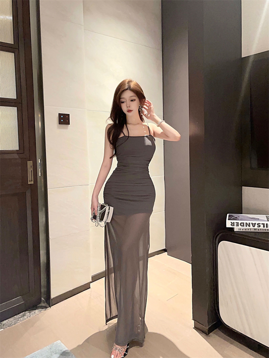 Elegant Gray Sheer Mesh Spaghetti Straps Maxi Dress Glamorous Ruched Bodycon Double Layers Long Dress AP1803