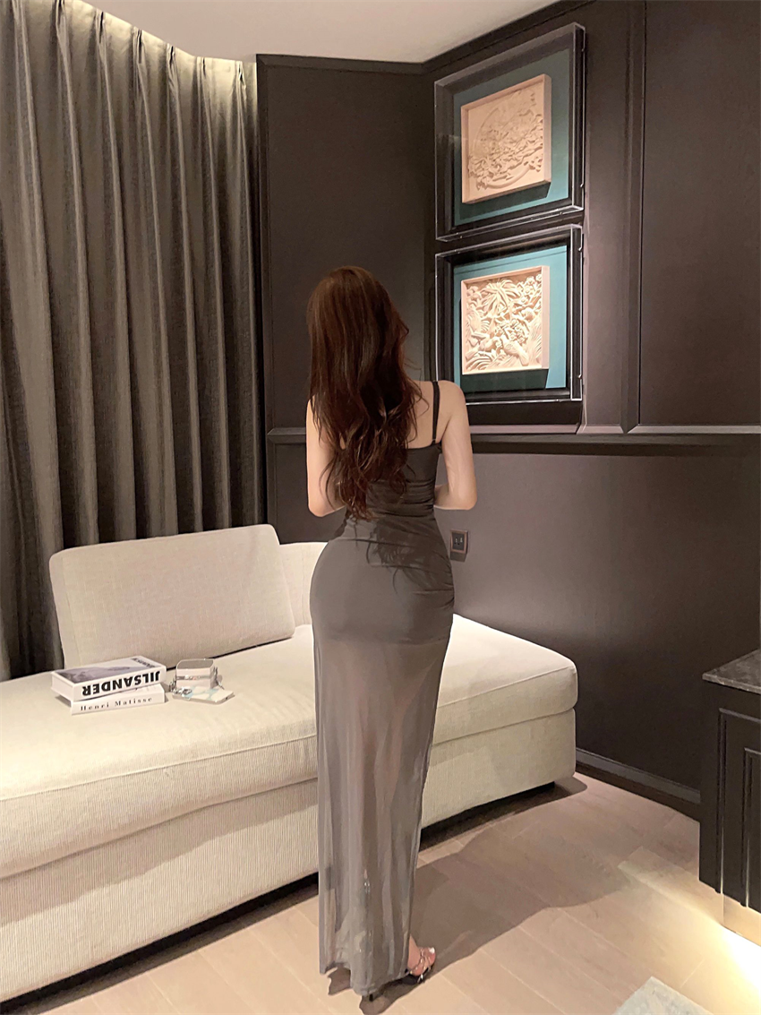 Elegant Gray Sheer Mesh Spaghetti Straps Maxi Dress Glamorous Ruched Bodycon Double Layers Long Dress AP1803