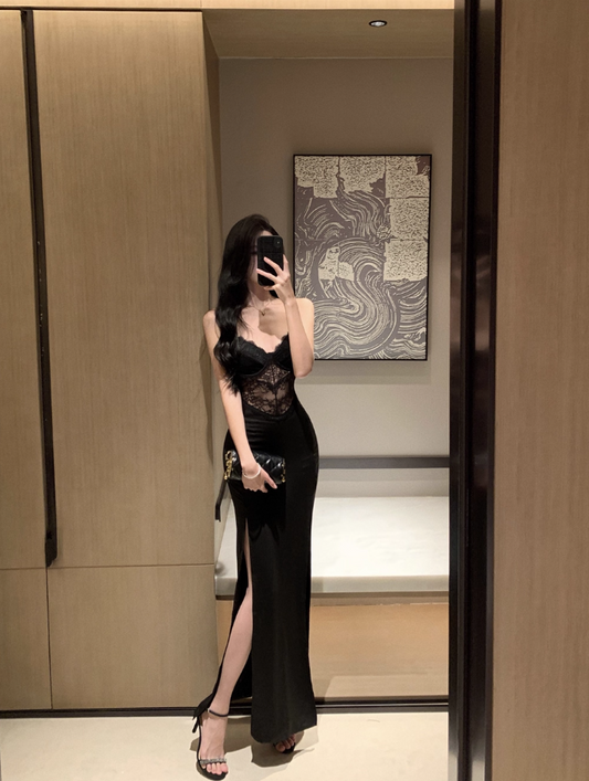 New Fashion Sheer Lace-Bodice Black Satin Spaghetti Strap Maxi Dress Glamorous High-Slit Nightclubs Open Back Long Dress AP1804