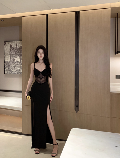 New Fashion Sheer Lace-Bodice Black Satin Spaghetti Strap Maxi Dress Glamorous High-Slit Nightclubs Open Back Long Dress AP1804