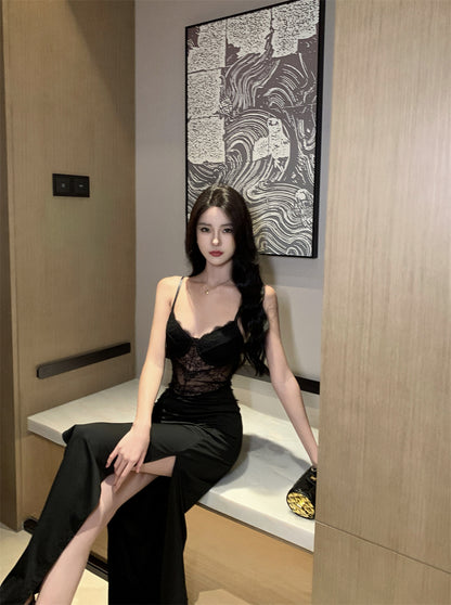 New Fashion Sheer Lace-Bodice Black Satin Spaghetti Strap Maxi Dress Glamorous High-Slit Nightclubs Open Back Long Dress AP1804